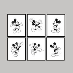 four black and white mickey mouse pictures on a gray background, each with different expressions