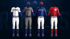 three different baseball uniforms are shown on a dark background, one is blue and the other is red