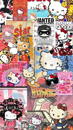 an assortment of hello kitty wallpapers in various styles and colors, all with different designs