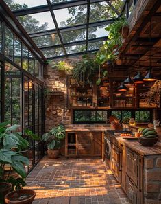 a kitchen filled with lots of potted plants next to a brick floor covered in windows