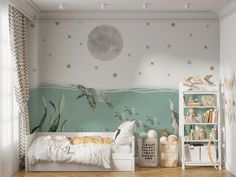 a child's bedroom decorated in pastel colors with stars and sea creatures on the wall