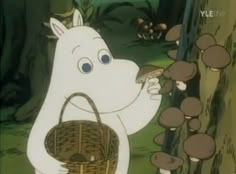 an animated image of a white bear holding a basket with mushrooms in the woods behind it