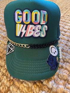 GOOD VIBES with pin details 😍 Hat Chain, Custom Trucker Hats, Shirt Ideas, Trucker Hats, Trucker Cap, Good Vibes, Caps Hats, Trucker Hat, Accessories Hats