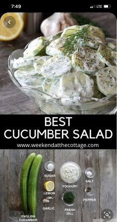 cucumber salad in a glass bowl on a wooden table with ingredients for it