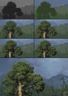 four different views of a tree with mountains in the background