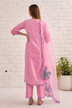 Pink kurta with floral, beads and sequins hand embroidery. Comes with pant and a dupatta. - Aza Fashions Designer Cotton Palazzo Set With Dabka Work, Spring Chanderi Salwar Kameez With Mirror Work, Unstitched Cotton Suit With Mirror Work, Cotton Palazzo Set With Straight Kurta And Mirror Work, Spring Designer Salwar Kameez With Mirror Work, Spring Chanderi Anarkali Set With Mirror Work, Fitted Cotton Palazzo Set With Dabka Work, Spring Chanderi Palazzo Set With Mirror Work, Spring Anarkali Set With Mirror Work And Straight Kurta