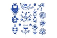 blue flowers and birds are arranged in the shape of an owl on a white background