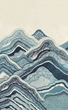 an abstract mountain scene with blue and white lines on the mountains, as well as waves