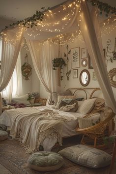 a bedroom with lights strung from the ceiling