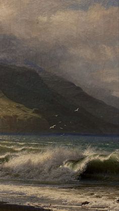 an image of a painting with birds flying over the water and mountains in the background