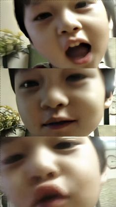 three different pictures of a young boy making faces