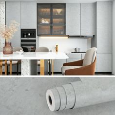 two images show the same kitchen and dining room