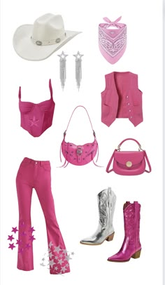 a collage of pink outfits and accessories including cowboy hats