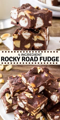 chocolate rocky road fudge is stacked on top of each other with nuts in the middle