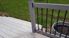 a potted plant sitting on top of a wooden deck next to a metal railing