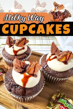 chocolate cupcakes with white frosting and caramel drizzle on top