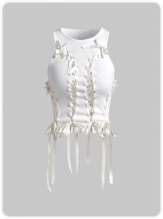 Y2k Balletcore White Side slit Lace up Top Tank Top & Cami | kollyy Neck Bow Tie, White Crop Tank, White Crop Top Tank, Preformance Outfits, Image Swag, Lace Up Top, Neck Bow, White Cami, Y2k Top