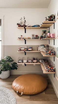 a living room with shelves filled with toys