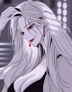 an anime character with long white hair and blood dripping from her eyes, looking at the camera