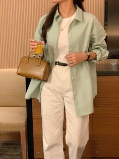 type - oversize fit/colour - light mint - long sleeve for more details or order online on @lalaholicla Mint Shirt Outfit, Oversized Collared Shirt Outfits, Light Blue And White Outfit, Oversize Shirt Outfit, Button Down Shirt Outfit, Mint Outfit, Blue Lilac, Oversize Shirt, Causal Outfits