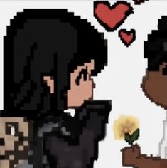 two people in pixel art with one holding a flower and the other looking at each other