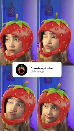 the girl is wearing a strawberry helmet and making a funny face with her eyes closed