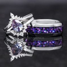 two wedding rings with purple and white diamonds