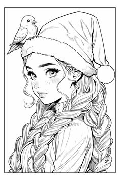 a girl with long hair wearing a santa hat and holding a bird on her shoulder