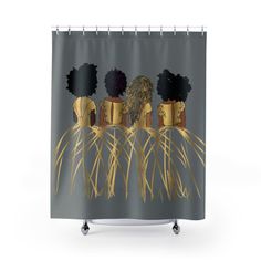 three african women shower curtain with gold accents and black hair on the back of their heads