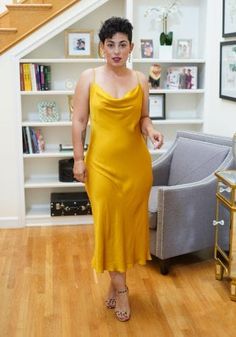 Slip On Silk Dress, Curvy Satin Dress, Midsize Slip Dress, Satin Dress Midsize, Yellow Satin Slip Dress, Midsize Satin Dress, Midsize Slip Dress Outfit, Slip Dress Midsize, Yellow Slip Dress Outfit