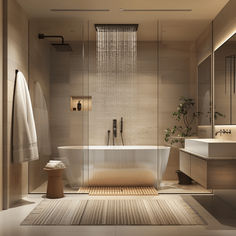 a bathroom with a bathtub, sink and shower head in the middle of it