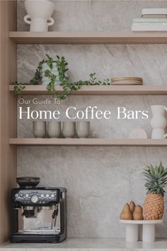 a coffee bar with pineapples and other items on the counter, next to an espresso machine