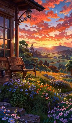 a painting of a beautiful sunset with flowers and a bench