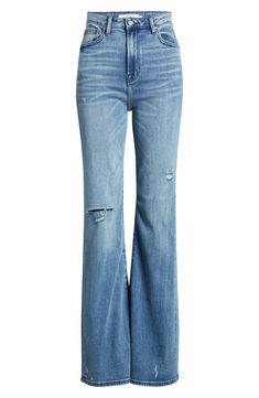 Distressed details add vintage vibes to these high-rise, full-length flare jeans made from faded, whiskered stretch denim. 33" inseam; 11 1/2" front rise Zip fly with button closure Five-pocket style 93% cotton, 5% polyester, 2% spandex Machine wash, tumble dry Imported High Waist Flare Jeans, Jeans Ripped, Vintage Vibes, Ripped Jeans, Bootcut Jeans, Flare Jeans, Stretch Denim, Full Length, High Waist