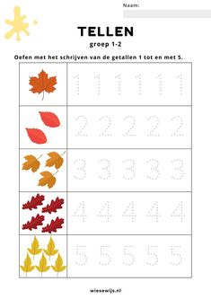 an autumn themed worksheet for children to practice letter recognition with leaves and numbers