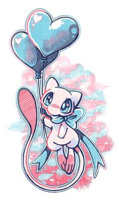 a drawing of a cat holding a heart shaped balloon