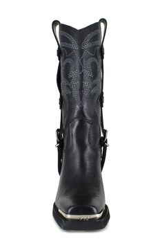 A snipped toe boasting a gleaming hardware plate refreshes the classically Western design of a water-resistant cowboy boot detailed with bold topstitching and buckled side straps. 3 1/2" heel; 1" platform 12 1/2" shaft; 11 1/2" calf circumference. Narrow calf Pull-on style Leather upper, lining and sole Made in Italy Western Style Calf Leather Moto Boots For Fall, Western Calf Leather Boots With Snip Toe, Western Style Calf Leather Ankle Moto Boots, Western Snip Toe Heeled Boots In Calf Leather, Western Calf Leather Heeled Boots With Snip Toe, Black Leather Boots For The Ranch, Western Calf Leather Moto Boots With Round Toe, Western Style Moto Boots With Snip Toe, Western Style Black Moto Boots With Leather Footbed