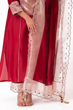 Crimson red kurta with embroidered banarasi jacquard tissue yoke. Paired with a slub silk pant and chanderi dupatta with scalloped tissue detailing. - Aza Fashions Chanderi Dupatta, Red Kurta, Silk Pant, Kurta Pant Set, Crimson Red, Kurta With Pants, Silk Pants, Pants Pattern, Pant Set