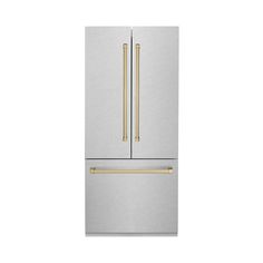 a stainless steel refrigerator freezer with gold handles on the door and two drawers in front