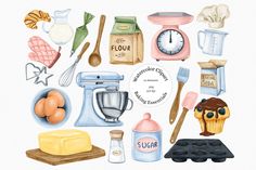 a watercolor drawing of kitchen items and utensils on a white background with the words flour written below it