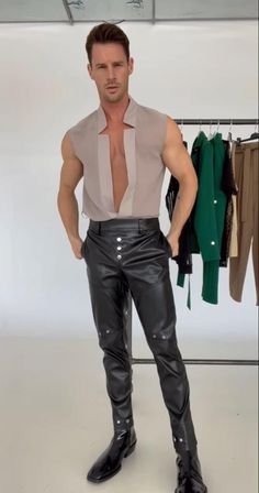 Bachata Outfit Men, Male Club Outfits, Andro Fashion, Ballroom Dance Outfits, Bartender Outfit, Fashion Sketches Men, Leather Fashion Men, Men Closet, Night Club Outfits