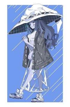 a drawing of a woman with an umbrella in the rain, holding her hand on her hip