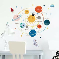 the solar system wall decal is shown in this children's room