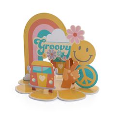 a wooden sign that says grooy with a bus and flowers in the background