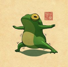 a cartoon frog with chinese writing on it's back and arms stretched out to the side