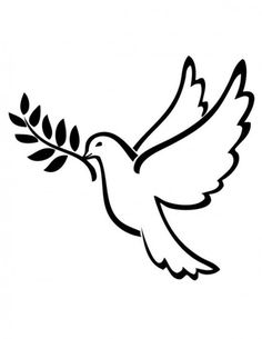 a blue and white dove with an olive branch in its beak, flying through the air