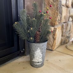 a potted plant with pine cones and berries in front of a stone fire place