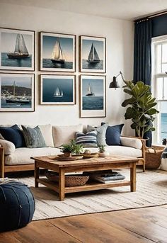 a living room filled with lots of furniture and pictures on the wall above it's coffee table