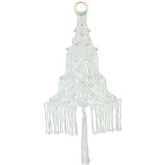 a white beaded christmas tree ornament hanging from a hook on a string