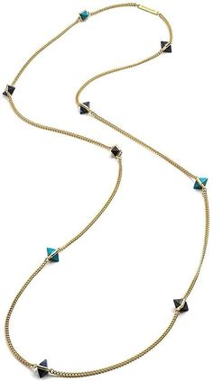 EDDIE BORGO Gold-Plated Stone Pyramid Necklace, New in Packaging Gold-plated station necklace that can be left long or doubled up for a layered look. Color: Blue, Black, Yellow Gold Measurements: 32" length; 3/4" stone pyramid stations Metal: 18k gold-plated brass Stones: Lapis, Blue Sandstone, and Turquoise Comes with a gift box, ready to give as a gift. Retail $350 Pyramid Necklace, Blue Sandstone, Lapis Blue, Double Up, Station Necklace, Layered Look, Pyramid, Blue Black, 18k Gold